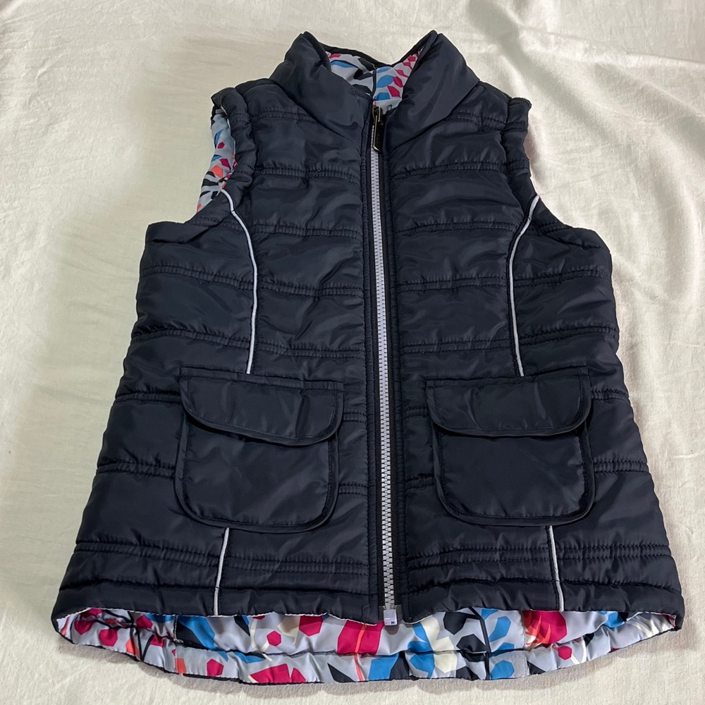 Hatley Reversible Navy / Pink and Blue Floral Puffer Vest, size 6